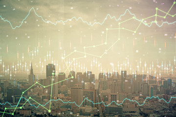 Forex graph on city view with skyscrapers background multi exposure. Financial analysis concept.