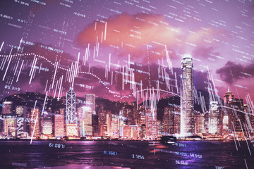 Double exposure of forex chart drawings over cityscape background. Concept of success.