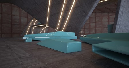 Abstract architectural concrete and rusted metal interior of a minimalist house with swimming pool and neon lighting. 3D illustration and rendering.
