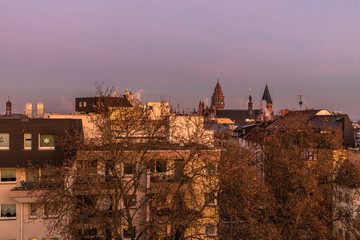 Sonnenaufgang über der Mainzer Altstadt an einem Wintermorgen