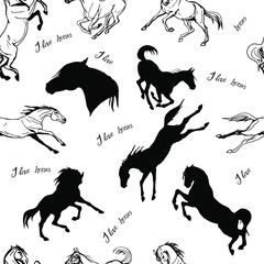  seamless monochrome background of silhouettes of galloping horses on a white background