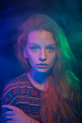 neon light and portrait of a girl.