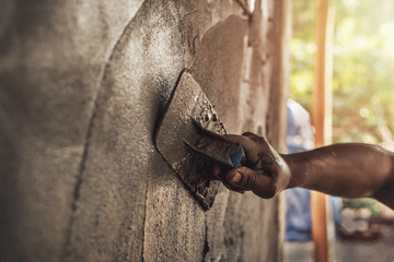 mason rural thailand Plastering concrete to build wall background industrial worker with plastering tools renovating house concept quality - obrazy, fototapety, plakaty