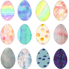 Set of colorful eggs. Easter holiday. Design for flyers, logos, scenery.