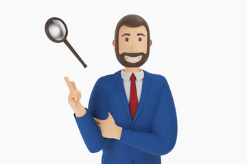 Fototapeta premium Cartoon character, businessman in suit with pointing finger at an magnifier. Magnifying glass search concept icon. 3d rendering