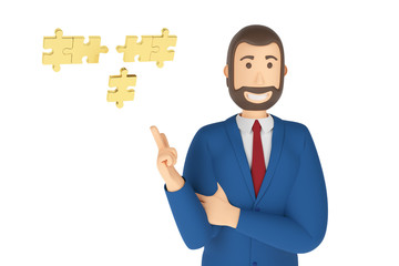 Cartoon character, businessman in suit with pointing finger at an puzzle. Business concept with puzzle. 3d rendering puzzle