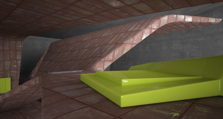 Fototapeta premium Abstract architectural concrete and rusted metal interior of a minimalist house with swimming pool and large window. 3D illustration and rendering.