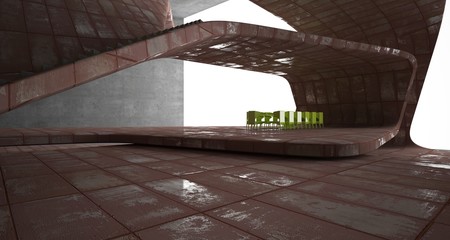 Abstract architectural concrete and rusted metal interior of a minimalist house with swimming pool and large window. 3D illustration and rendering.