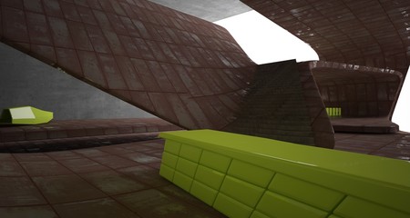 Obraz premium Abstract architectural concrete and rusted metal interior of a minimalist house with swimming pool and large window. 3D illustration and rendering.