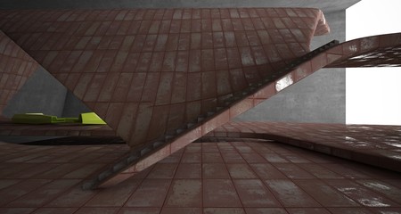 Obraz premium Abstract architectural concrete and rusted metal interior of a minimalist house with swimming pool and large window. 3D illustration and rendering.