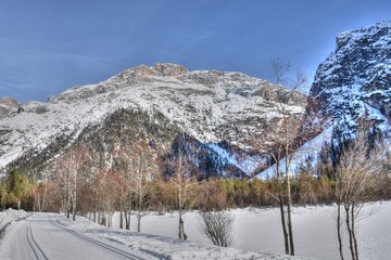 Südtirol, Langlaufen, Loipe, Langlaufloipe, Dolomiten, Dolomitenbahn, Bahntrasse, Winter, Wintersport, Schnee, Bahndamm, Toblach, Italien, Südtirol, Sextener Dolomiten, Höhlensteital, Italien, Drei Zi