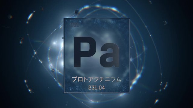 Protactinium as Element 91 of the Periodic Table. Seamlessly looping 3D animation on blue illuminated atom design background orbiting electrons name, atomic weight element number in Japanese language