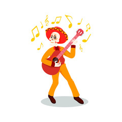 Skeleton In Mexican Traditional Costume Dancing Singing Playing Guitar, Dia De Muertos Day Of The Dead, Vector Illustration On A White Background Stock Illustration