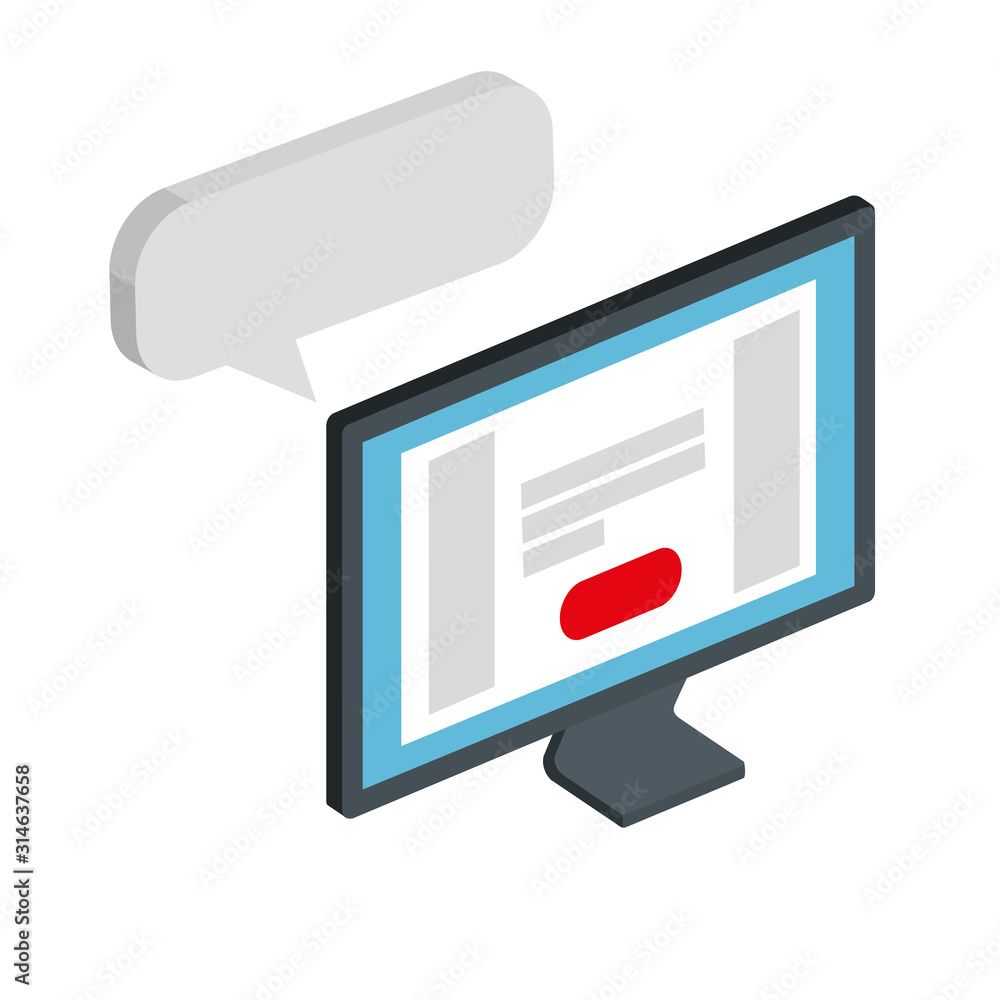 Poster computer desktop with speech bubble isolated icon vector illustration design