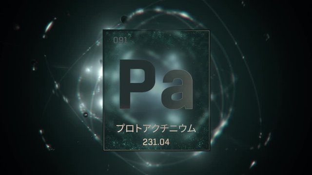 Protactinium as Element 91 of the Periodic Table. Seamlessly looping 3D animation on green illuminated atom design background orbiting electrons name, atomic weight element number in Japanese language