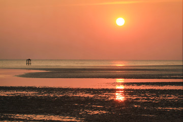 The evening sun and the water reflections on the beach