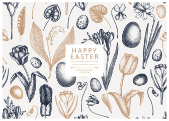 Easter seamless pattern. With spring flowers, bird feathers, eggs and floral elements. Hand drawn botanical illustrations. Spring plants sketches. Vector Easter invitation or greeting card template.