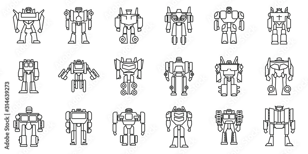 Poster futuristic robot-transformer icons set. outline set of futuristic robot-transformer vector icons for
