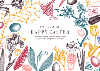 Happy Easter Day design. Spring banner, greeting card or invitation with trendy floral elements. Hand drawn spring illustrations. Vintage Easter template isolated on white background. Floral art.