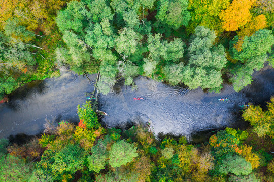 Kayaking On Autumn River, Poland From Above