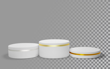 White winners podium 3D render. Awarding of winners of sports competitions. Round realistic pedestal. Vector illustration.