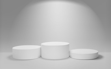 White winners podium 3D render. Awarding of winners of sports competitions. Round realistic pedestal. Vector illustration.