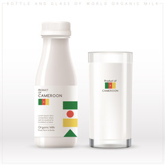 Bottle and glass of world organic milk with geometrical pattern on the label isolated on white background : Vector Illustration