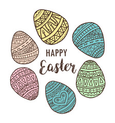 Vector happy easter eggs with doodle pattern. White doodle symbols of a happy holiday on a white background. Background for postcards, poster, invitation, sale. Lettering happy easter and copy space