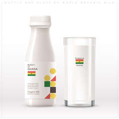 Bottle and glass of world organic milk with geometrical pattern on the label isolated on white background : Vector Illustration