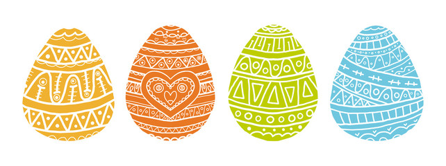 Vector coloring book for adults and children with four easter eggs with doodle pattern. Happy holiday on white background. Green, yellow, orange and violet egg with white ornament in hand draw style