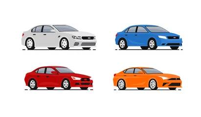 Fotobehang Auto& 39 s vector illustraties set. Voertuigen vervoer. Collectie auto pictogrammen in vlakke stijl. Pictogrammen geïsoleerd op een witte achtergrond. © Belozersky