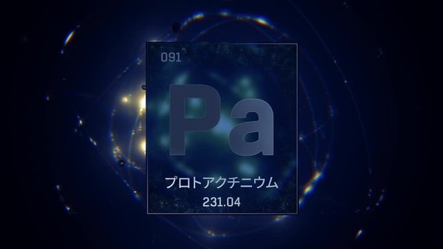 Protactinium as Element 91 of the Periodic Table. Seamlessly looping 3D animation on blue illuminated atom design background orbiting electrons name, atomic weight element number in Japanese language