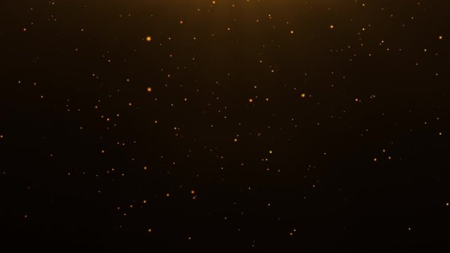 gold particles abstract background with shining golden Floating Dust Particles Flare Bokeh star on Black Background in Slow Motion. Futuristic glittering fly movement flickering loop in space.