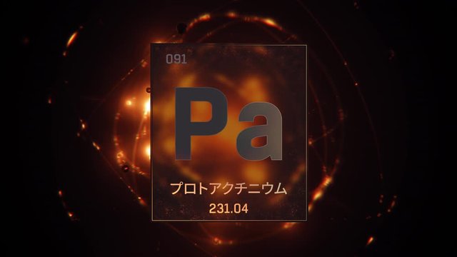 Protactinium as Element 91 of the Periodic Table. Seamlessly looping 3D animation on orange illuminated atom design background orbiting electrons name, atomic weight element number in Japanese languag