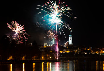 New Year celebration, fireworks in Tabor, Czech Republic.