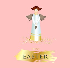 Easter banner. square poster, postcard, background with text happy easter. Angel on a pink background. elegant. Gold brush stroke. Design with realistic objects. Christian religion. Spring..