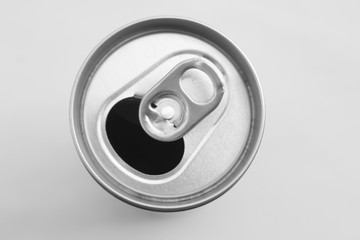 Close up of aluminum can on a top view, soda can white and black. Open can.