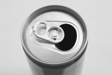 Close up of aluminum can on a top view, soda can white and black. Open can.