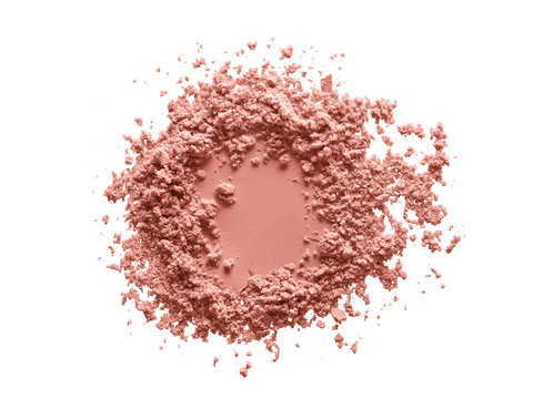 Blush makeup powder circle swatch. Face powder texture. Pink color beauty product sample isolated on white background