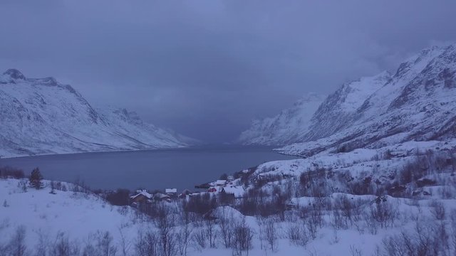Aerial drone shot of spectacular landscape and small town in northern Norway.
