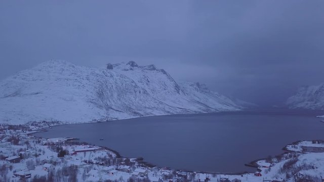 Panorama drone shot of fjord and mountains in northern Norway, Tromsoe.