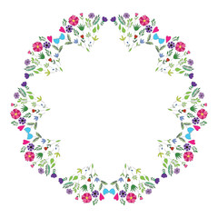 Floral frame on white background. Decorative design element of leaves and flowers in circle.