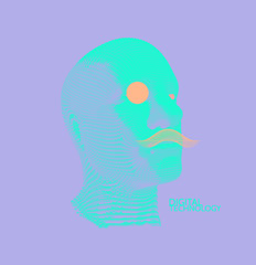 Man with monocle and mustache. Head of elegant gentlemen. Abstract digital human head. Futuristic background. Vector Illustration for advertising, marketing or presentation.