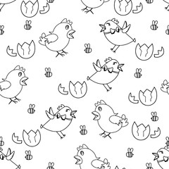 Seamless pattern with chicks and bees in outline minimalist style isolated on white background.