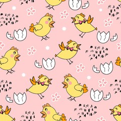 Seamless pattern with yellow chick's, flowers.Happy Easter template. Pastel child print