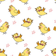 Seamless pattern with pink silhouette chick's, flowers.Happy Easter template. Simple