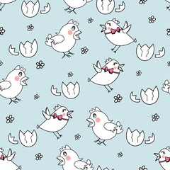 Seamless pattern with white chick's, flowers.Happy Easter template. print on fabric, textile. Vector