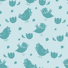 Seamless pattern with chick's, flowers. Pastel child print on fabric, textile, wallpaper. Vector