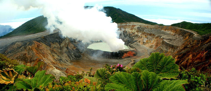Panoramic view of the impressive Poas volcano crater in Costa Rica