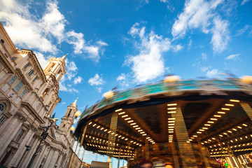 Ancient German Horse Carousel built in 1896 in Navona Square, Rome, Italy